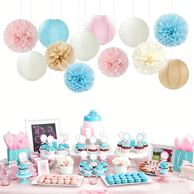 Light-Blue Pink Champagne Gender-Reveal Party-Decorations - 15pcs Boy Or Girl Paper Flowers Tissue Pom Poms Lanterns Streamers,Birthday Bear Baby Shower Neutral Hanging Supplies Decor Hugfond