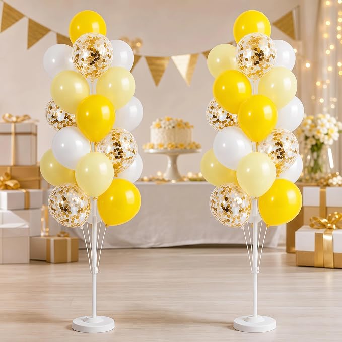 Hiins Balloon Column Kit Set of 2 With Pastel Yellow White Gold Confetti Balloons with Base,Pole,Balloon Tower Backdrop Decoration for Bee Lemon Wedding,Baby Shower,Birthday Party,Bachelorette Party