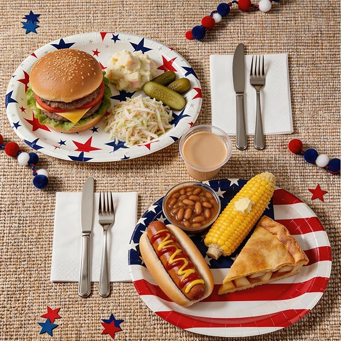 Patriotic Party Decoration Plates Set, 100Pcs 4th of July American Flag Red White Blue Disposable Paper Plates and Napkins Heavy Duty for Independence Day, Veterans Day, Election Day Party Supplies