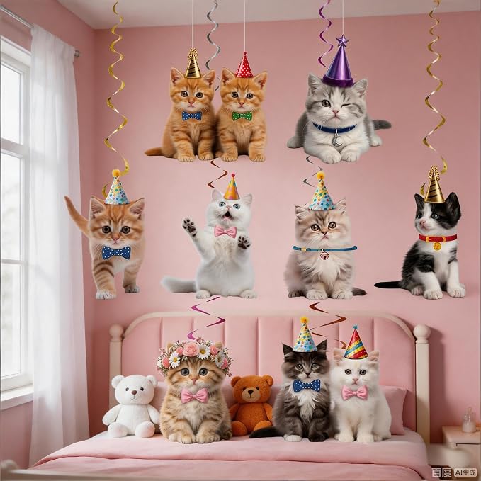 16PCS Pet Cat Hanging Paper Garland Banners,Double-Sided Thickened Cardstock Circle Dot Streamer, Anti-Tangle Pre-Strung Party Decorations for Birthday, Wedding, Baby Shower, Nursery Decor