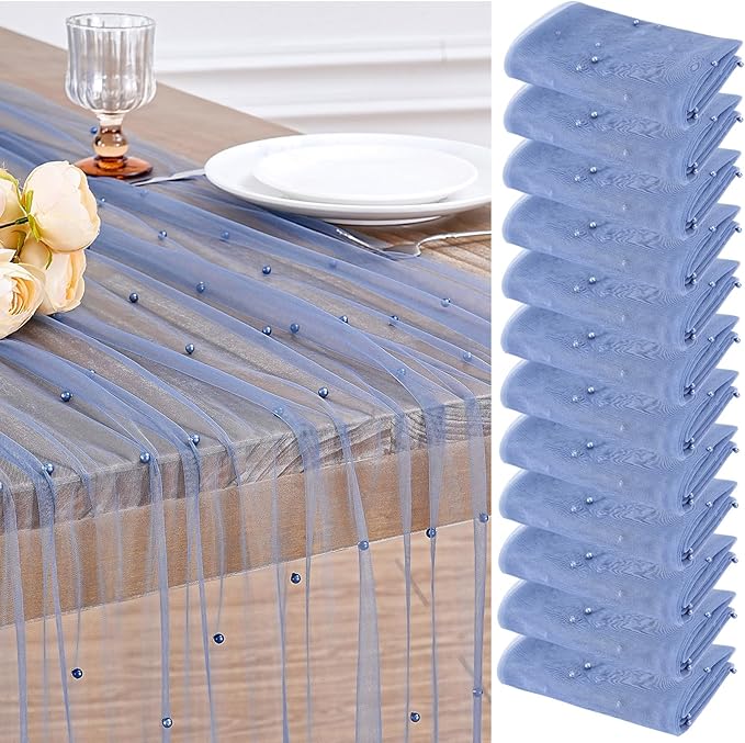 Tulle Table Runner Wedding Decorations: 10ft Veil Dusty Blue Dessert Table Fabric 12pcs Chiffon Pearl Lace Boho Glitter Table Overlay Desk Runners Diamonds Party Decorations Doilies