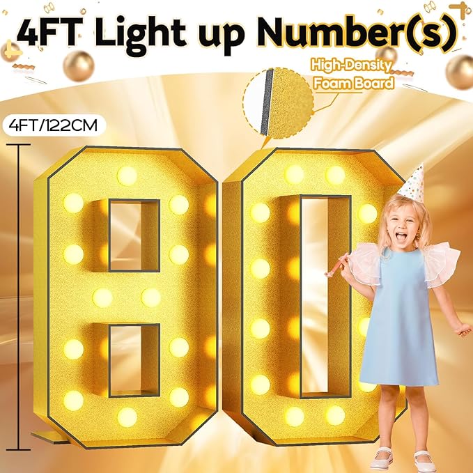 Light Up Numbers 80, 4FT Light Up Numbers Marquee 80 Gold Large Mosaic Number for Men Women, Giant Number Pre-Cut Foam Board Kit for 80th Birthday Anniversary
