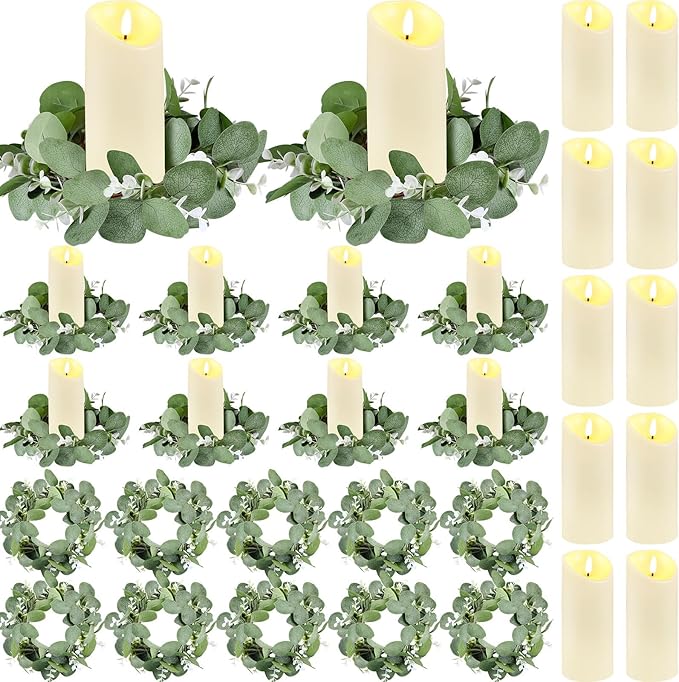 VIHOSE 10 Set Candle Rings Artificial Eucalyptus Leaves Wreaths with Flameless Candles Sets Boho Wreath Pillar Candleholders LED Pillar Battery Table Centerpieces for Wedding Party Table Door Decor