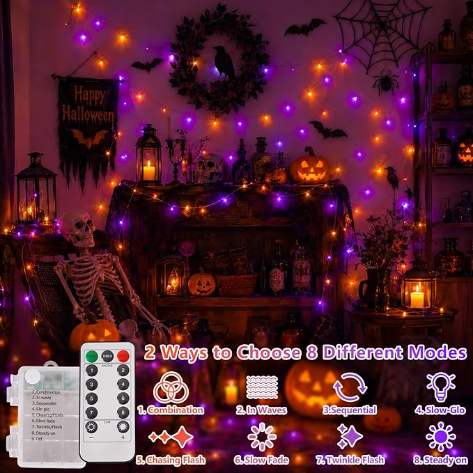 YEGUO Battery Operated Halloween Lights, 2 Pack Each 33ft 100 LED Orange and Purple String Lights Outdoor Waterproof, 8 Modes Clear Wire Christmas Twinkle Lights Indoor with Remote