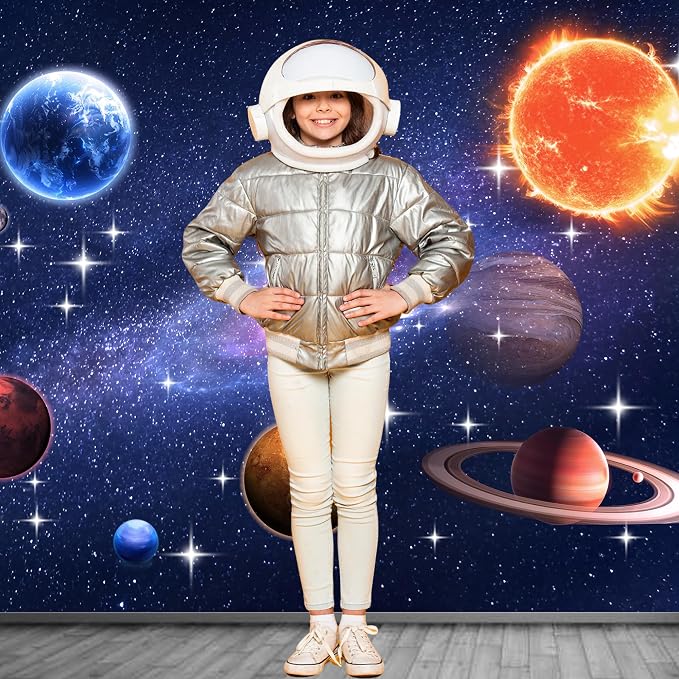 7x5FT Outer Space Backdrop with Ribbon – Galaxy Planet Space Backdrop for Boys Girls Birthday Party Decorations, Starry Sky Photography Background with Brass Grommets & Double Stitching