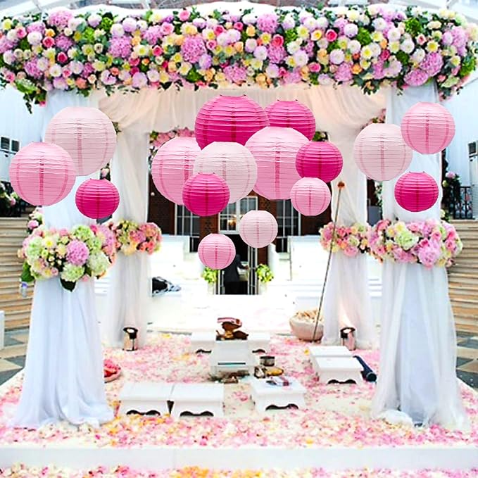 ADLKGG Pink Paper Lanterns Decorative, Hanging Round Paper Lanterns Indoor Outdoor for Valentines Day Decorations Graduation Wedding Birthday Baby Showers Tea Party Decorations, 21pcs