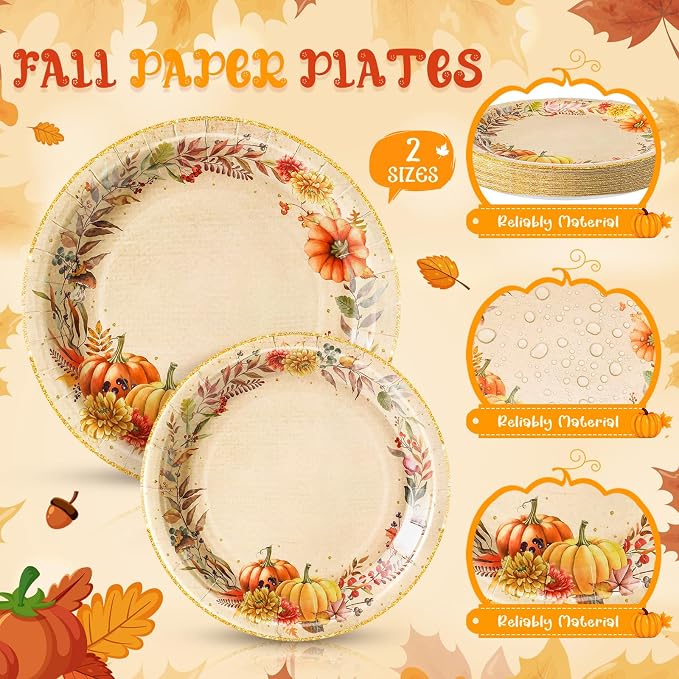 Honeydak 210 Pcs Fall Party Supplies for 30 Guests, Includes Plates, Cups, Napkins, Cutlery - Autumn Pumpkin Maple Tableware Decoration for Thanksgiving, Fall Harvest Party