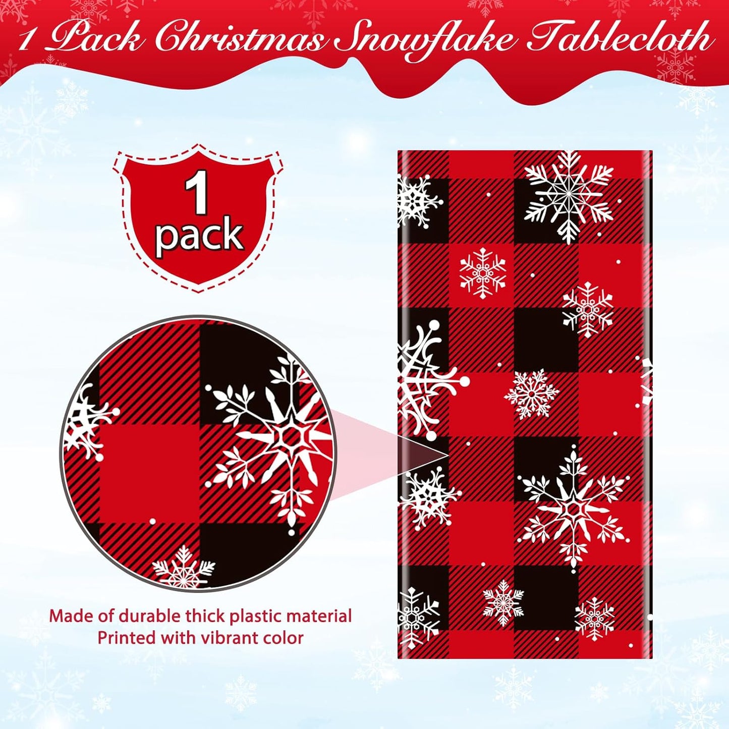1 Pieces Red and Black Buffalo Plaid Merry Christmas Party Tablecloth Decorations,Plastic White Snowflake Buffalo Plaid Sign Table Cover for Winter Christmas Holiday Party Supplies,54x108 inch