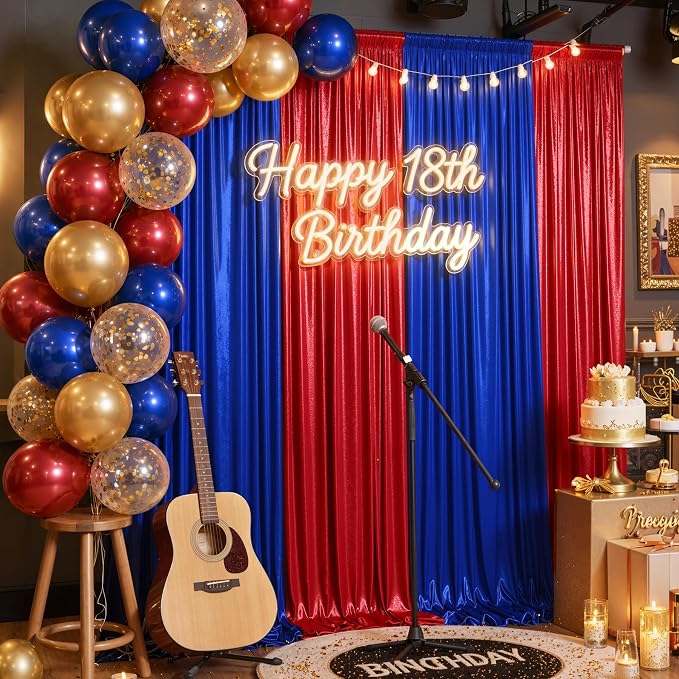 20ft x 10ft Red Royal Blue Sequin Backdrop Curtain for Parties, Wrinkle Free Glitter Photo Backdrop Drapes 4 Panels 5x10ft Back Drop Cloth for Wedding Photography Background