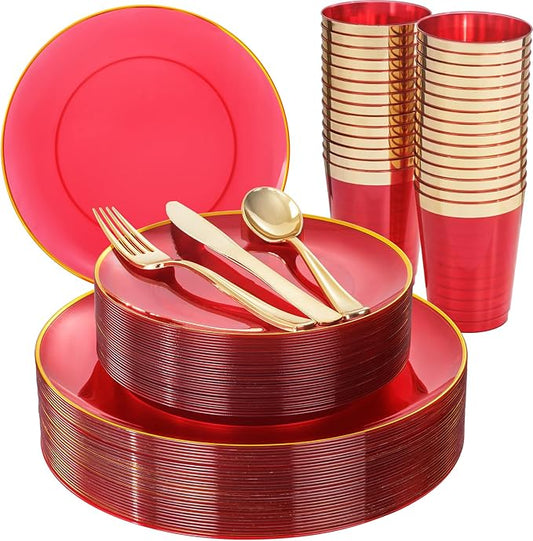 LIYH 180 Pcs Clear Red Plastic Plates Disposable - Red Dinnerware Set, Include Red and Gold Plates, Dinner Plate, Dessert Plate, Gold Plastic Silverware for Birthday Party