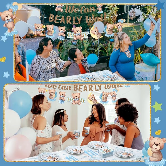 405 Pcs Blue Bear Baby Shower Decorations for Boy, We Can Bearly Wait Baby Shower Tableware Set Plates Napkins Cups Cutlery, Blue Bear Party Supplies with Tablecloth Banner, Serves 50 Guests