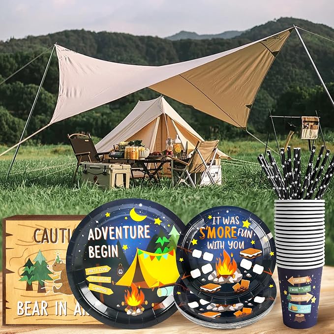 Recheel Camping Party Supplies Decorations, Campfire Hiking Camper Theme Birthday Paper Plates and Napkins Set with Cups and Straws for 24 Guests, 120 Pcs Disposable Party Snack Dinnerwares