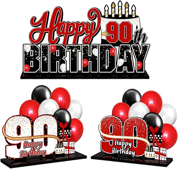 LINGTEER Happy 90th Birthday Red Acrylic Table Topper Centerpieces Set - Cheers to Ninety Years Old Birthday 90th Bday Party Gift Decorations.
