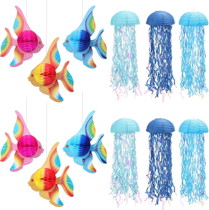 Ceenna 18 Pcs Under the Sea Decorations Kit with 6 Hanging Jellyfish and 12 Tropical Fish, for Mermaid Birthday Party, Ocean Shower, Nautical Wedding, and Beach Classroom Decor(3 Types of Fish)