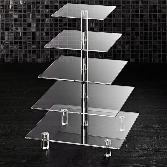 5 Tier Acrylic Cupcake Stand, Extra Thick 5mm Base, Large Cupcake Tower, Multi Tiered Cake Stand Square Clear Holder for Dessert Table Display, Weddings, Birthday Party, Graduation, Pastry, Donut Tree
