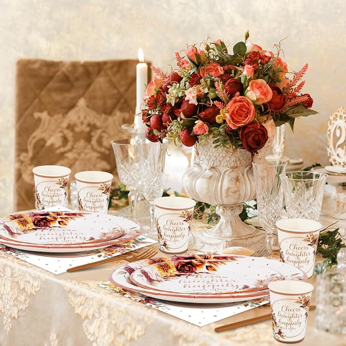 350 Pcs Boho Fall Wedding Bridal Shower Paper Plate Autumn Vintage Rose Pampas Grass Disposable Tableware Set With Knives Fork Cheers to Love Bachelorette Party Favor for 50 Guest