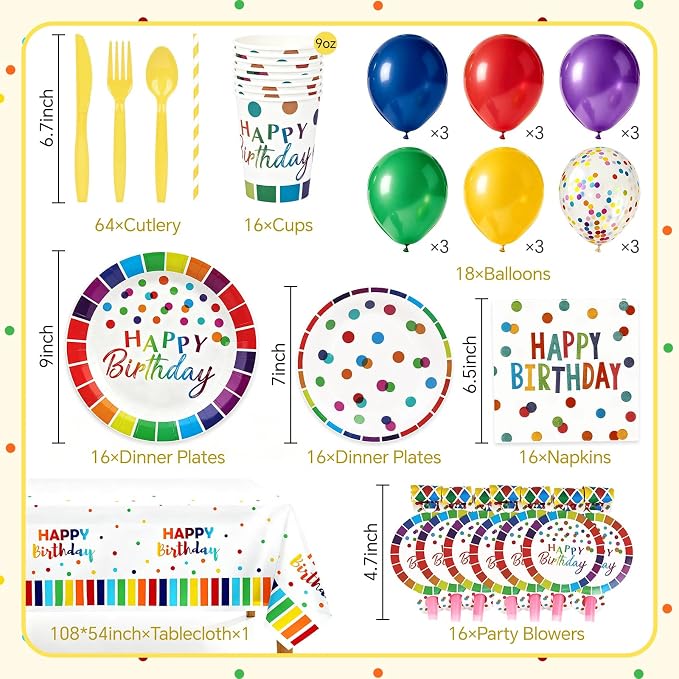 163pcs Colorful Happy Birthday Party Supplies Decorations Set-Rainbow Dot Design Disposable Tableware Kit with Plates,Napkins,Cups,Straw,Balloons,Party Blower,Tablecloth for Kids Boys Girls