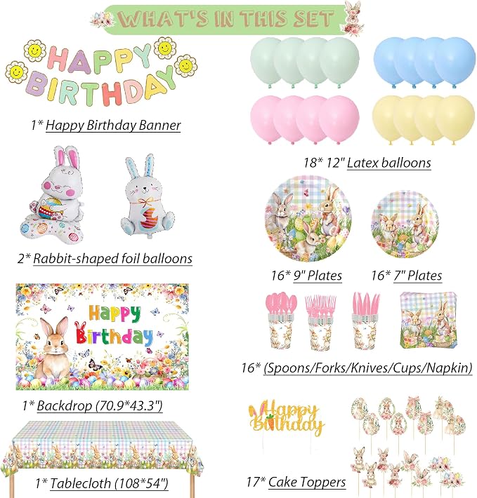Easter Rabbits Themed Happy Birthday Party Decorations, Plates Napkins Cups Tableware, Bunny Egg Background Tablecloth, Happy Birthday Banner, Cake Toppers, Colorful Balloons for Kids and Adults
