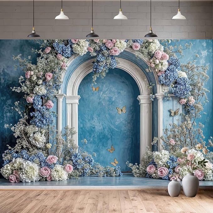 12X8ft Flower Backdrop Purple Floral Arch Retro Door Photography Backdrops Modern Interior European Style Wall Decoration Wedding Portrait Background Studio Photo Booth Props