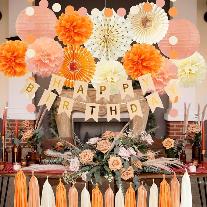 Orange Beige Fall Boho Birthday Party Decorations Autumn Sweet Peach Birthday Women Girls Groovy Paper Lanterns Tissue Pom Poms Paper Fans Tassel Gralands Fall Orange Birth day Party Decoration