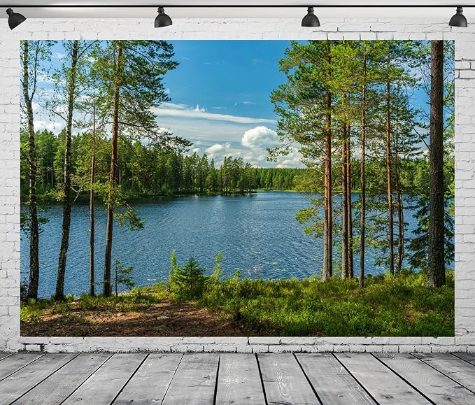 BELECO 20x10ft Fabric Forest Lake Backdrop Nature Park Lakeside Green Trees Scenery Background Spring Summer Outdoor Camping Hiking Decoration Kid Adult Artistic Portrait Photo Studio Props