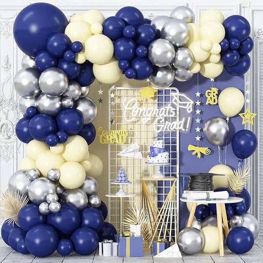 Navy Blue and Silver Balloon Arch Kit, Graduation Balloon Garland Kit with Metallic Silver Blue Latex Balloons Different Size for Class of 2026 Graduation Birthday Retirement Anniversary Wedding Decor