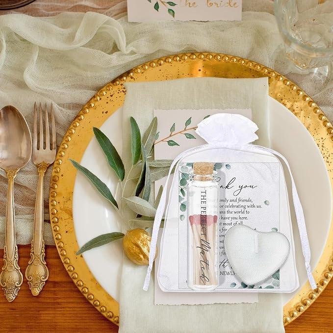 100 Sets Wedding Party Favors for Guests Bulk Including Mini Heart Shaped Candles and Empty Matches Jars with Cork Top Thank You Cards and Organza Bags for Wedding Bridal Shower Party Souvenir