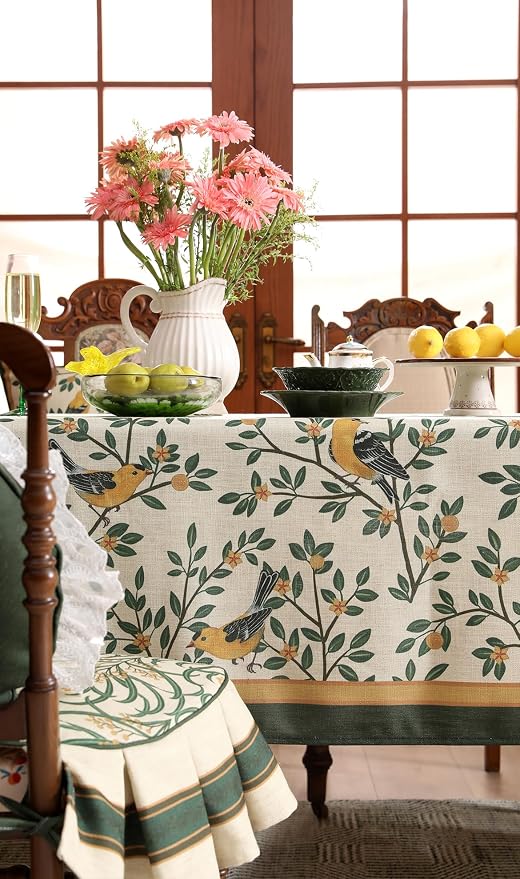 patdrea Designer French Linen Tablecloth,Rectangular,102"x63"-Warbler A | Vintage Large Table Cloth for Rectangle Table,Yellow and Green Floral Pattern,Dining Room Tea Party Thanksgiving Decor
