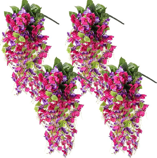 XunYee 4 Pcs Artificial Hibiscus Flowers for Outdoors Spring Summer Decor Fake Hanging Flowers Plants Uv-Resistant Faux Hibiscus Flower for Outside Porch Patio Front Door (Rose Red Purple)