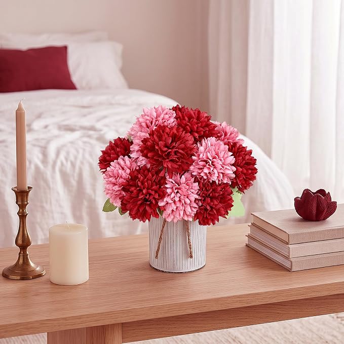 Pre-Made Flower Table Centerpieces, Set of 6 Artificial Silk Chrysanthemum with Metal Vases for Wedding, Birthday Parties, Home Decoration (Burgundy & Dusty Pink, Set of 6 Floral Arrangement)