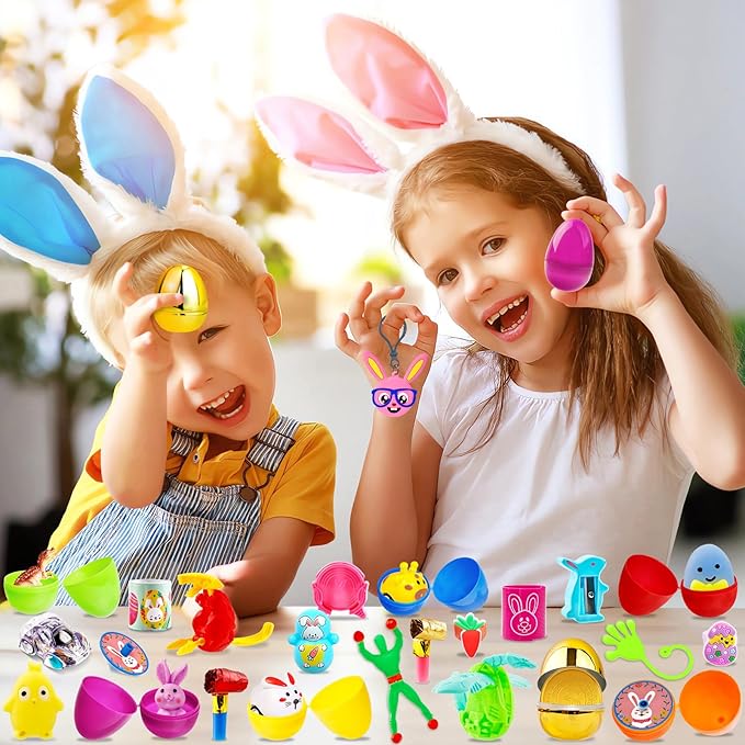 Adisher [ 6 Surprise Golden Eggs ] 120Pcs Prefilled Easter Egg with Assorted Toys, Plastic Easter Eggs Fillers for Kids, Basket Stuffers,Egg Hunt Party Favors Classroom Prizes Supplies for Boys Girls