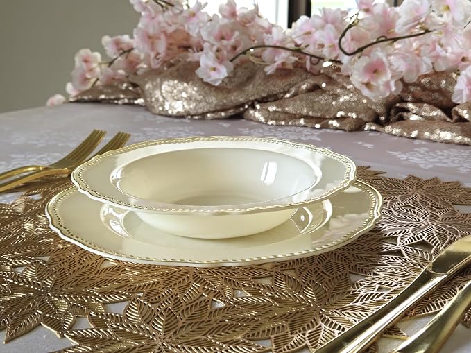 " OCCASIONS " 150pcs set (25 Guests)-Wedding Plastic Plates & cutlery -Disposable heavyweight Dinnerware 10.25'', 7.5'' + Silverware w/double fork (Rochelle Ivory & Gold)