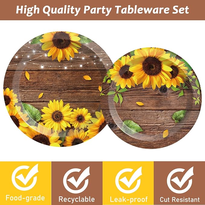 200PCS Sunflower Paper Plates and Napkins Sunflower Birthday Party Decoration Hoedown Party Decorations Supplies with Wood Land Background Bridal Baby Shower Tableware Brown Country Rustic Style