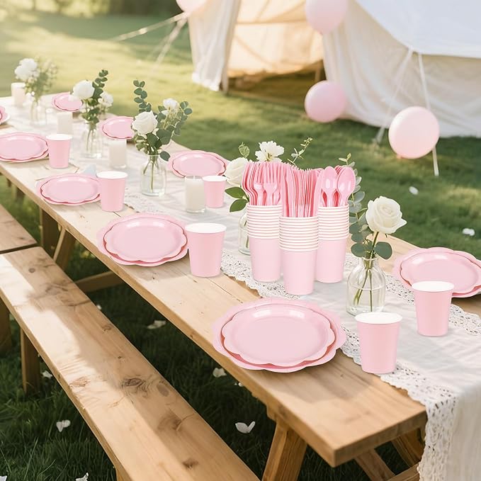 400 Pcs Pink Paper Plates and Napkins Set Party Supplies, Easter Party Tableware set for 50 Guest include Disposable Pink Scalloped Plates Napkins Knives Forks Spoons Cups for Baby Shower Wedding