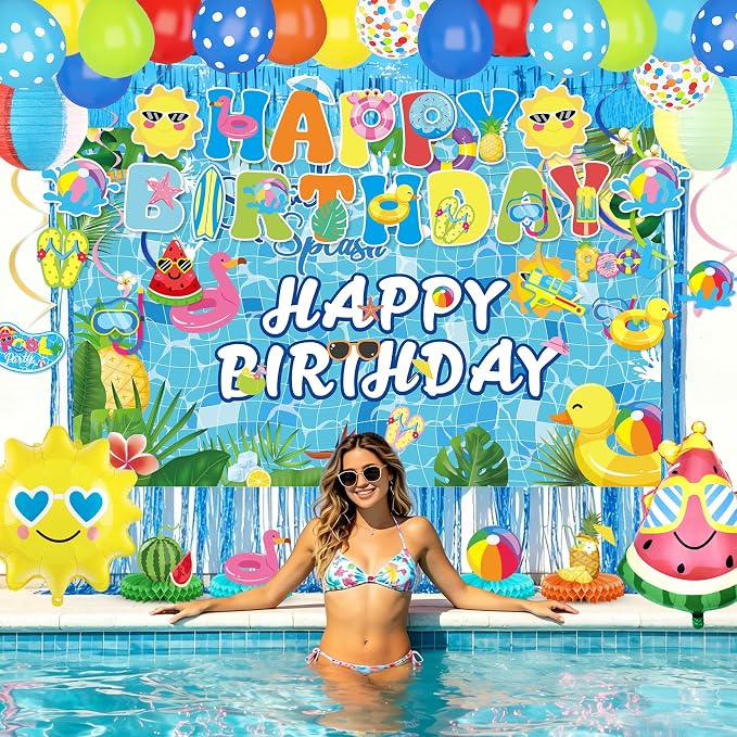 Summer Pool Beach Birthday Party Decorations, Splash Summer Backdrop Banner Hanging Swirls Honeycomb Centerpieces Cake Toppers Foil Balloons for Tropical Swimming Luau Water Hawaiian Party Decor(Blue)