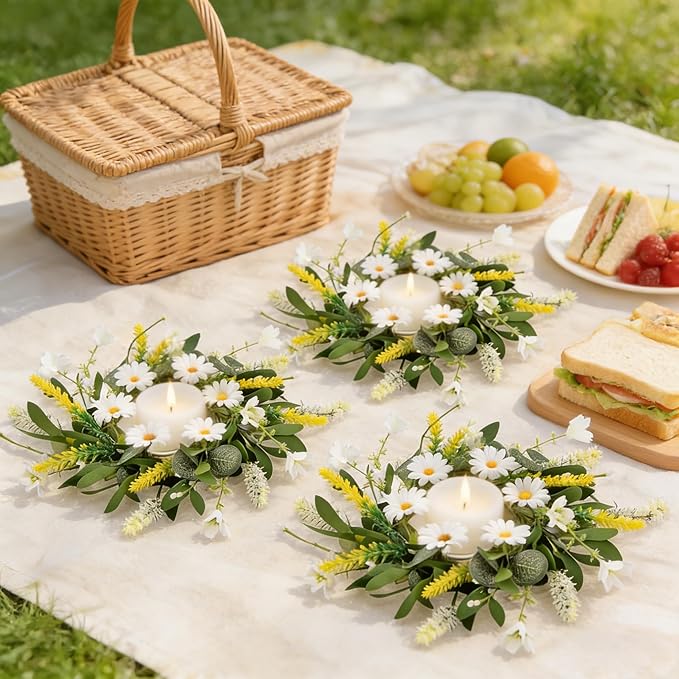 6 Pcs Artificial Spring Summer Swag Wreaths Mini White Daisy Floral Wreath Farmhouse Kitchen Cabinet Wreath Hanging Flowers Wreaths for Front Door Indoor Outdoor Home Decor Festival Celebrations