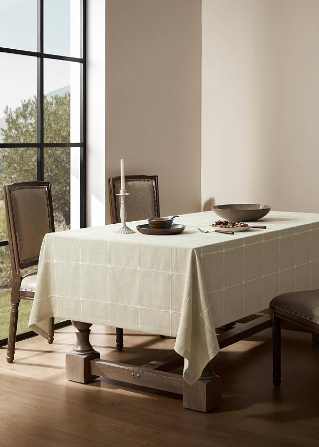 ZeeMart Grid Embroidered Hemmed Tablecloths, Ivory 60x60 Inch, Farmhouse Style Heavy Weight Cotton Linen Ivory Tablecloths, Boho Plaid Water Resistant Square Table Cloth