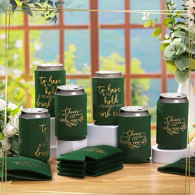 Qinyoung 50 Pieces Dark Green Wedding Can Cooler Bulk Engagement Party Favors for Guests Cheers to Love and Happily Ever After Rehearsal Dinner Decorations for Wedding Bridal