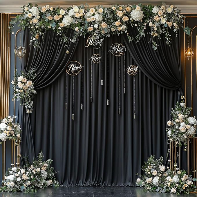 60ftx12ft Black Wrinkle-Free Wedding Backdrop Curtain -Silky Washable Black Polyester Drapes for Baby Showers, Birthday Parties, Photography, and Wedding Receptions-12 Panels 5FTx12FT