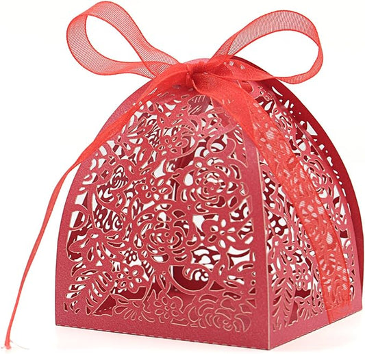KPOSIYA Pack of 100 Laser Cut Rose Candy Boxes, Favor Boxes 2.5"x 2.5"x 3.1", Gift Boxes Bridal Shower Anniverary Birthday Party Wedding Favor (100,Red)