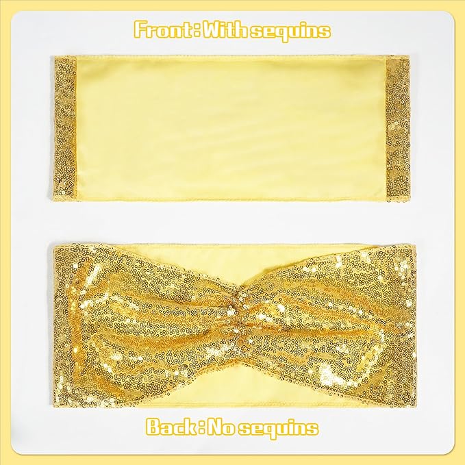Poise3EHome Set of 50 Stretch Sequin Chair Sashes Bands Gold One-Sided Sequins Decorative Bows for Wedding Party Event Chair Covers