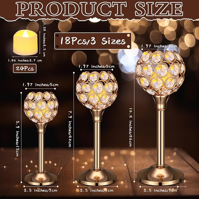 Hushee 42 Pcs Crystal Candle Holders with LED Tea Lights Candles Bulk Decorative 3 Sizes Candlestick Holders for Table Centerpieces, Home Decor, Weddings, and Housewarming Gifts(Gold)