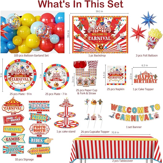 Cocomigo 302 PCS Circus Theme Party Decorations, All-in-One Carnival Theme Party Decorations Set with 25pcs Plates, Napkins, Tablecloths, Banner, Balloon Arch Circus Party Decorations for Girl & Boy