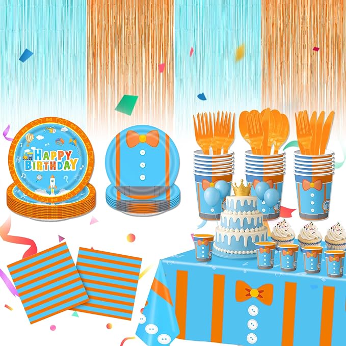 171PCS Kids Birthday Party Decorations Tableware Set - Blue & Orange Party Supplies for Boys & Girls - Includes Plates, Cups, Napkins, Cutlery, Tablecloth, Foil Fringe Curtains - Serves 24 Guests