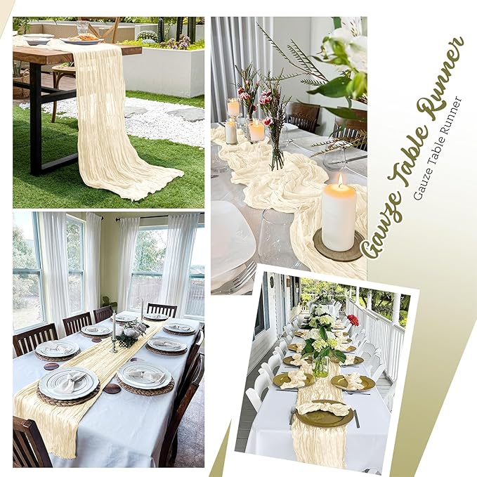 8 Pack Ivory Cheesecloth Table Runners 20x120 Inch Gauze Table Runner 10FT Easter Cheese Cloth Table Runner Rustic Sheer Runner for Wedding Baby Shower Birthday Party Table Decor