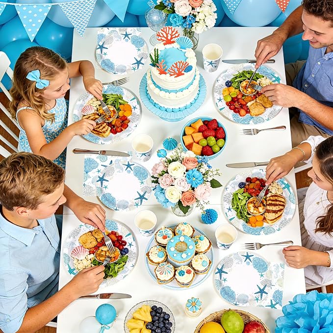 250Pcs Ocean Coastal Party Decorations Blue Seashell Starfish Coral Plates Napkins Cups Beach Ocean Sea Tableware Set for Summer Beach Holiday Birthday Dinner Party Supplies Serves 50