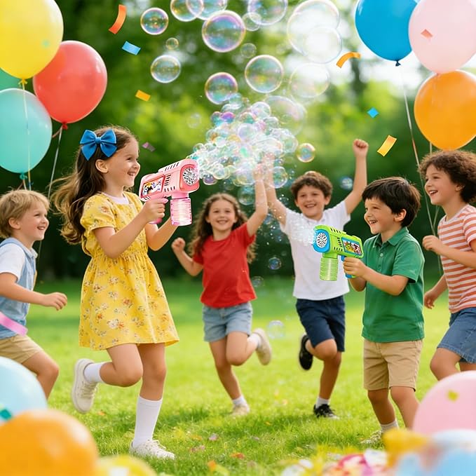 Bubble Gun Machine with Batteries, Green and Pink, Includes Bubble Solution and Refill Packs, Dinosaur Theme, Kids Outdoor Toy
