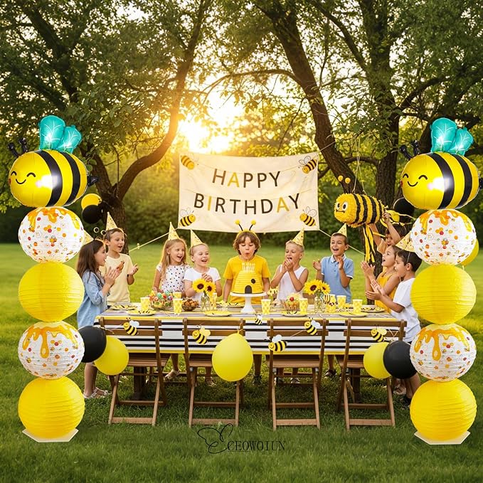 Bee Balloon Column Stand Kit And Paper Lantern 2 Sets 5.5 Feet with Reusable Metal Telescopic Design for Bee Parties, Birthday Decorations
