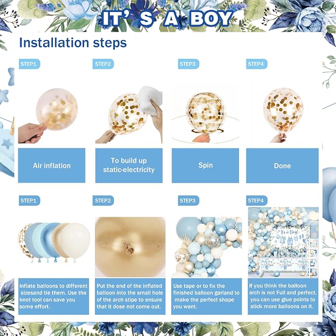 Blue Baby Boy Shower Decorations with 4pcs Balloon Boxes, 70pcs Balloon Garland Arch Kit, "It's a Boy" Backdrop, Tablecloth, Cake Toppers - Watercolor Clothesline Theme Party Supplies