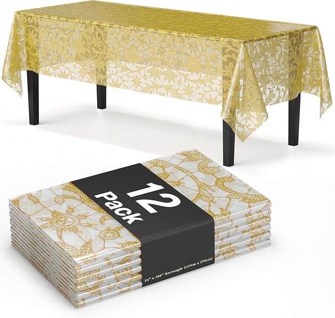 Exquisite Lace Table Cloth Rectangle Table Plastic 12-Pack Lace Tablecloth Rectangular 54" X 108" | Clear & Gold Floral Tablecloth Disposable | Wild Flower Party Decorations & Party Supplies